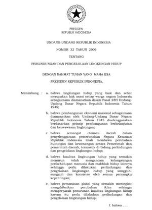 19. UU NO 32 TAHUN 2009 TENTANG PERLINGDUNGAN DAN PENGELOLAAN LINGKUNGAN HIDUP